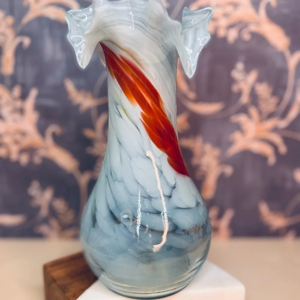 1960s End of Day Handblown Orange Blue Swirl Ruffled Glass Murano Vase